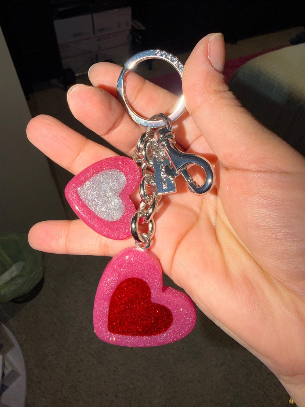 Coach Pink Glitter Double Heart Keychain with Silver Hardware